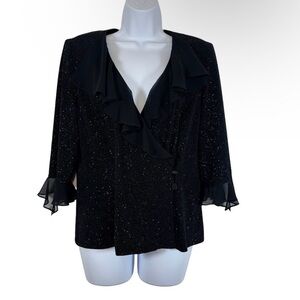 Alex Evenings Black Glitter Ruffle Blouse Top Size L Formal Evening Party